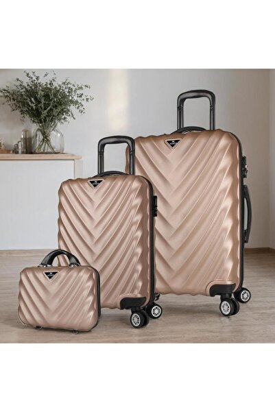 My Valice Lotus Abs Kabin Orta Ve Makyaj Boy Gold 3'lü Valiz Seti