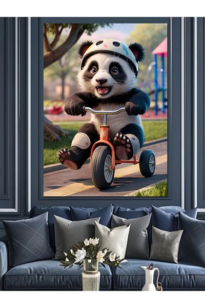 Tablomega Cute Panda Riding a Bicycle Decorative Canvas - Mdf Wooden Painting