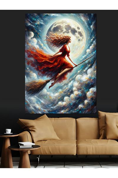 Tablomega Woman in Red Dress on Witch's Broom Decorative Canvas - Mdf Wooden Painting