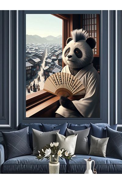 Tablomega Panda with Fan and Far East Decorative Canvas - Mdf Wooden Painting