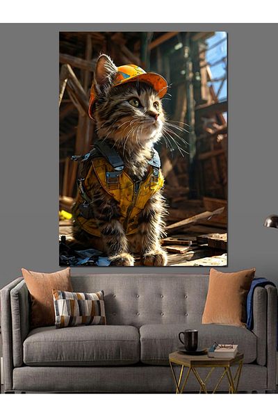 Tablomega Tired Builder Cat Wearing a Yellow Helmet Decorative Canvas - Mdf Wooden Painting