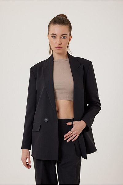 Antioch Black Women's Double Breasted Closure Oversize Blazer Jacket