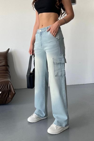 BİKELİFE Vintage-Cargohose mit hohem Bund und weitem Bein für Damen mit verblasstem Effekt