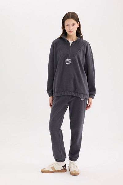 DeFacto Stand Collar Embroidered Oversize Fleece Sweatshirt - Zippered Y2649Az24Wn