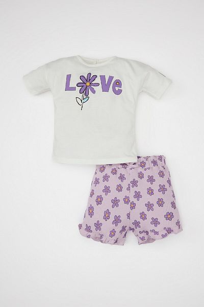 DeFacto Floral Print Waffle T-Shirt and Shorts 2 Pieces Set for Baby Girl - C8667a524sm