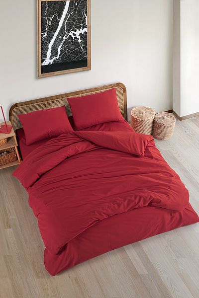 Karden Flower Plain 100% Cotton Double Duvet Cover Set - Red