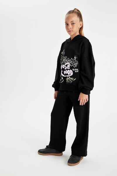 DeFacto Girls' Black Basic Straight Sweatpants - Wide Loose Leg, Elastic Waist, D0743A824Au