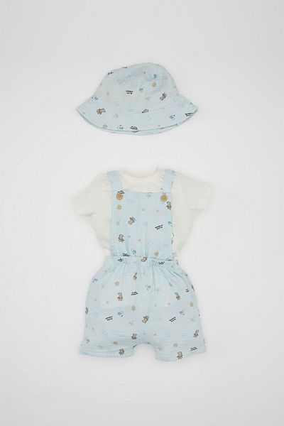 DeFacto Printed Muslin 3 Piece Set for Baby Boy - Short Sleeve T-Shirt, Salopette, Hat C8822a524hs