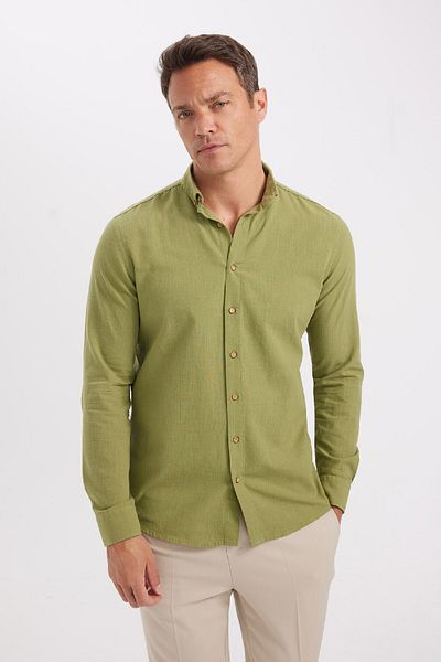 DeFacto Modern Fit Buttoned Polo Neck Linen Look 100% Cotton Long Sleeve Shirt T6284Azns