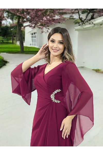 FaBe Fashion White Chiffon Wedding Engagement Promise and Outside Shooting Dress with Long Shawl Sleeves V-Neck Waist Stone Accessories