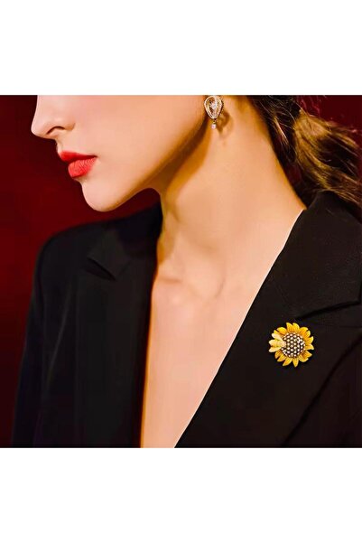 Rachel Silver Zirkon Taşlı Sarı Renk Mineli Altın Renk Arılı Tasarım Ayçiçeği Broş