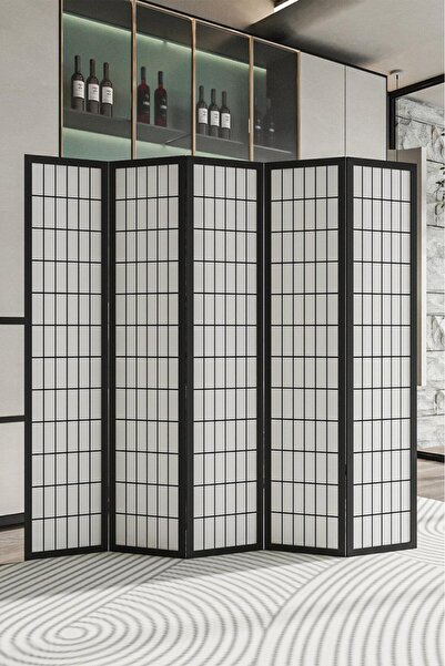 Fupe Shop Doğal Ahşap Japon Stil Çizgisel Tek Taraf Baskılı 5 Kanat Paravan Seperatör Oda Bölme