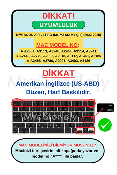 Mcstorey Macbook Kılıf Klavye Koruyucu Air Pro M1-m2-m3-m4 Ingilizce Baskı (US-ABD) A2681 A2941 A2442 A2485