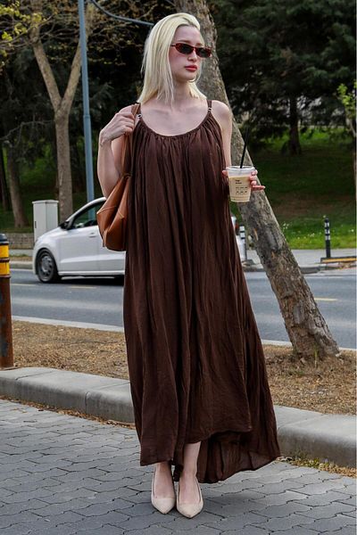Madmext Καφέ λουράκι λαιμόκοψης Μακρύ Basic Γυναικείο Φόρεμα MG2163