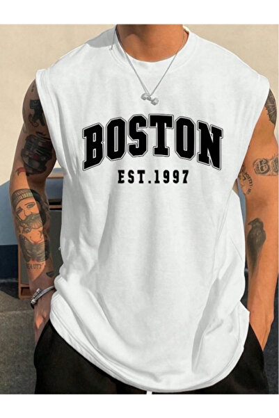MOONBULL Erkek BOSTON Baskılı Oversize Kolsuz T-shirt