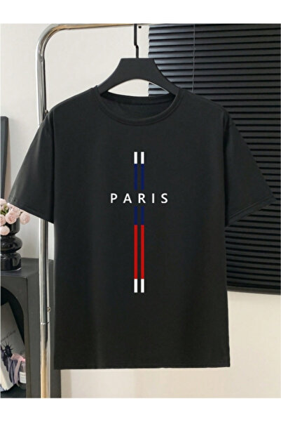 MOONBULL Men's Paris Vertical Line Printed Obersize T-Shirt