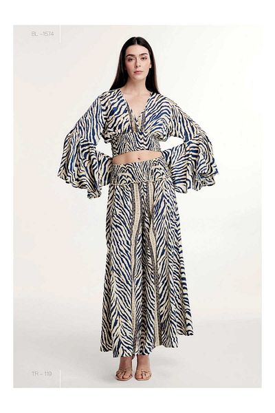 LaraLisa Collection V-Neck Flounced Long Sleeve Elastic Waist Skirt Pantalon Women's Summer Suit