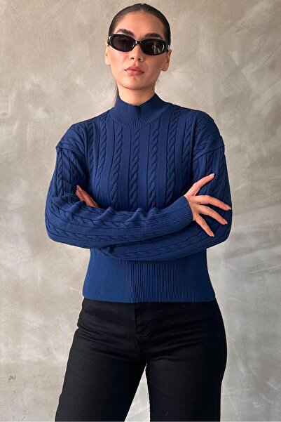 Madmext İndigo Yarım Balıkçı Yaka Örgülü Triko Kadın Kazak MG2257
