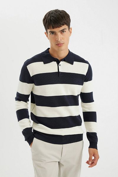 DeFacto Standard Fit Regular Cut Striped Polo Collar Knitwear Sweater Y4194Az24Wn