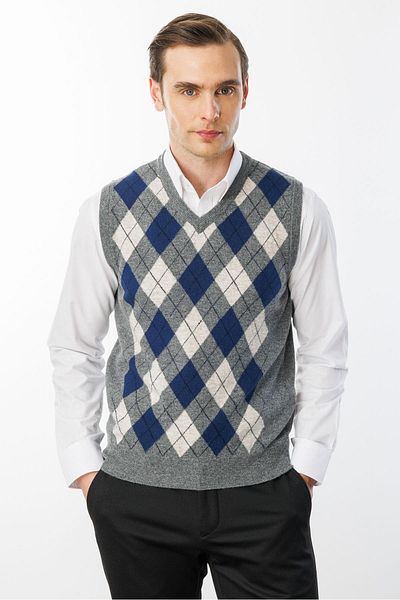 Desen Triko Men's V-Neck Argyle Wool Sweater