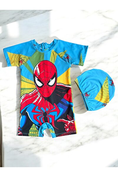 Lyrax Örümcek Adam Desenli Erkek Çocuk Korumalı Deniz Mayo, Bone (2'li Set)