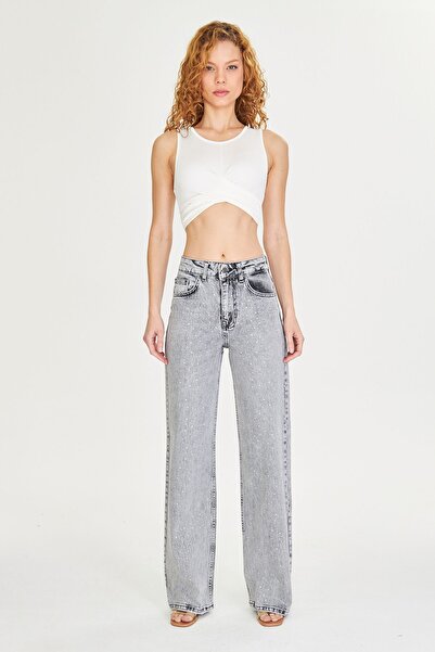 cracpot Kadın Mavi Wide Leg Yüksek Bel Taşlı Esnek Jean Pantolon