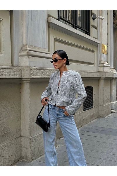 Ecenin Favorileri Κοντό γυναικείο μπλέιζερ με παγιέτες Tweed Silver Grey
