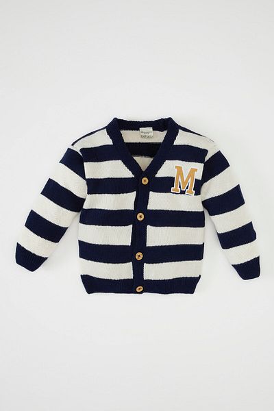 DeFacto Baby Boy Striped Letter Embroidered Buttoned Knitwear Cardigan C8857A524Au