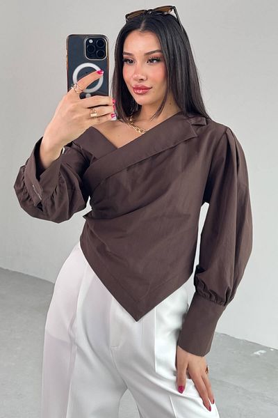 Cappmoda GML-0317 Πικρό καφέ σταυρωτό δέσιμο με διπλό μανίκι με διπλό στήθος Crop πουκάμισο