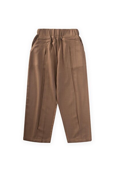 Cigit Pleated Linen Trousers with Closed Legs and Waist for Children 2-7 Years Old Caramel Color