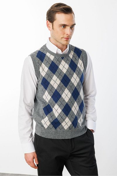 Desen Triko Men's Crew Neck Front Top Argyle Patterned Wool Suvet Smoked