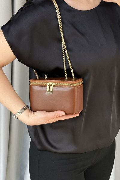 LEONAS Chain Strap Box Model Γυναικεία τσάντα χεριού και ώμου Calliope Brown