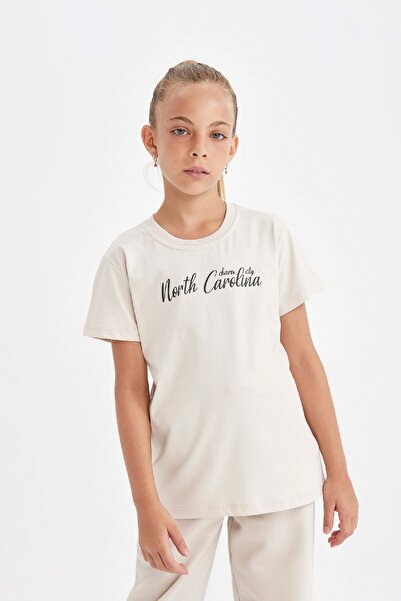 DeFacto Girl's Crew Neck Text Printed Short Sleeve School T-Shirt C8460A824Au