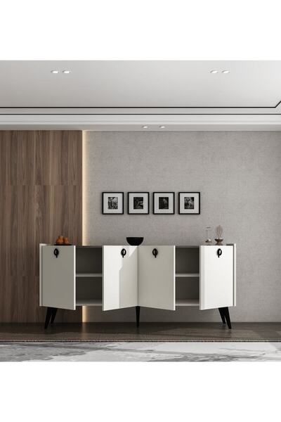 ALONEX HOME Kaya Konsol Ay Taşı (KIRIK BEYAZ) Mermer Desenli 180 Cm Yemek Odası Ofis Salon Ünite