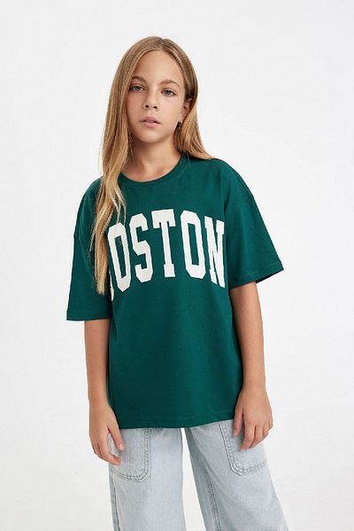DeFacto Girls' Crew Neck Printed School T-Shirt - Wide Fit, Short Sleeve C7790A824Au