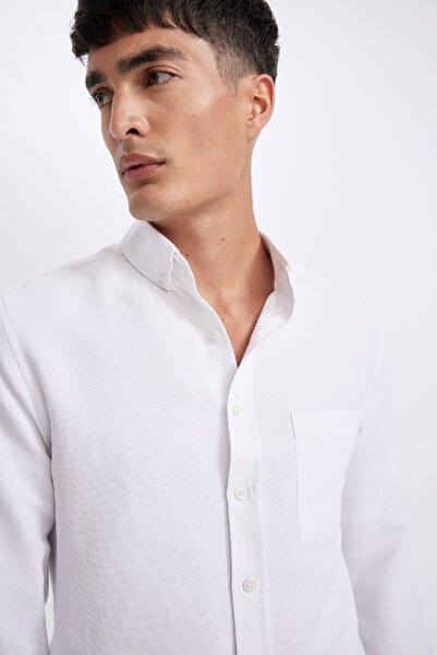 DeFacto Slim Fit Slim Fit Buttoned Textured Solid Cotton Blend Long Sleeve Shirt 25K 801004784