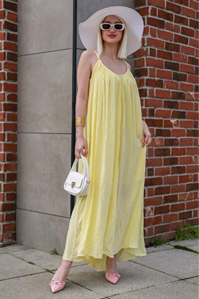 Madmext Sarı Halter Yaka Askılı Uzun Basic Kadın Elbise MG2163