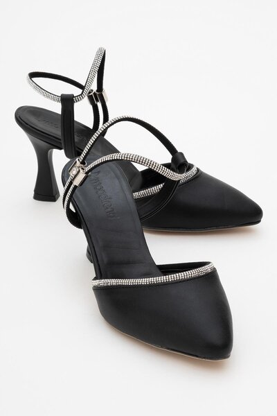 Ccway Γυναικεία πέδιλα με μονό λουράκι με τακούνι ΜΑΥΡΟ ΔΕΡΜΑ