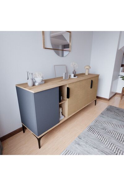 ALONEX HOME Mobilya Tarz Konsol 4 Kapaklı, Raflı , 180 Cm , Yemek Odası , Ofis, Salon Ünite (ANTRASİT-YUNUS)