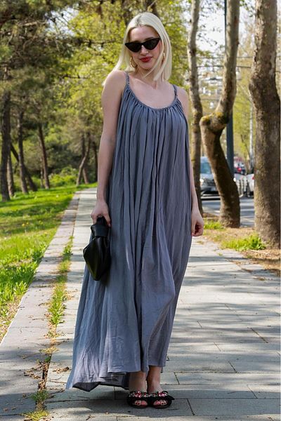 Madmext Gray Halter Neck Strap Long Basic Women's Dress Mg2163