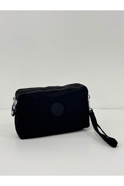 Sanmorris Women's Crinkle Fabric Hand and Cross Strap 3 Compartment Zippered Card Holder, Black Wallet with Coin Compartment