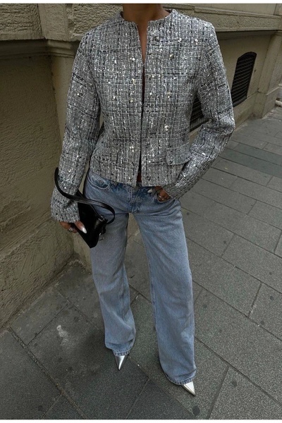 Ecenin Favorileri Jachetă scurtă pentru femei din tweed gri argintiu cu paiete