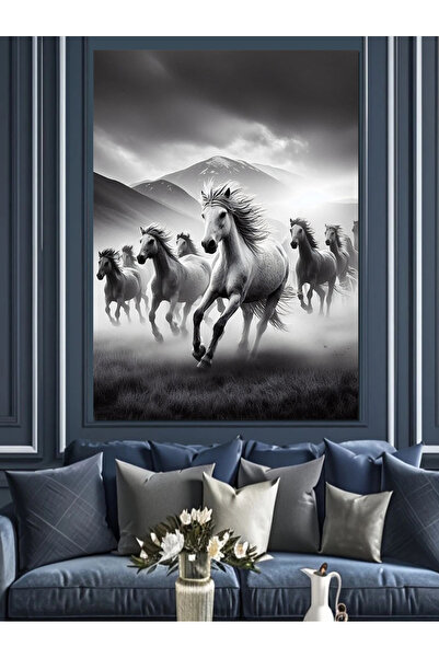 KanvasSepeti Pictură în ulei decorativă cu cai liberi albi, texturată, de înaltă calitate, pe pânză, 60 x 40 cm