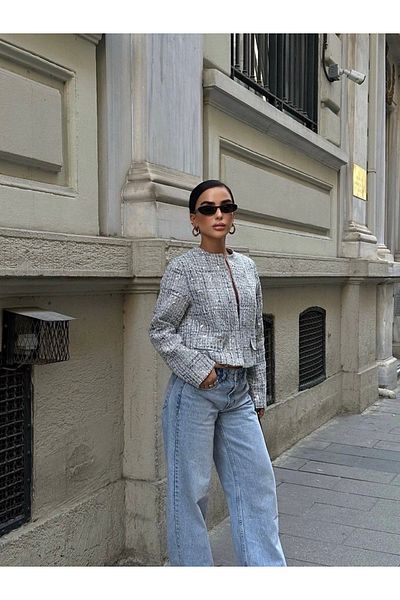 Ecenin Favorileri Κοντό γυναικείο μπλέιζερ με παγιέτες Tweed Silver Grey