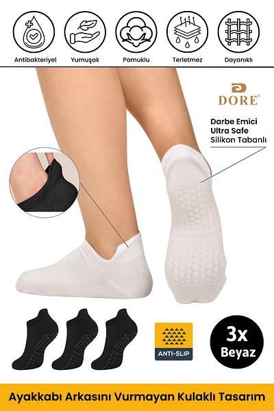 Dore Original Unisex Booties Model 3 Pairs White Non-Slip Sole Non-Slip Comfort Socks for Pilates Yoga