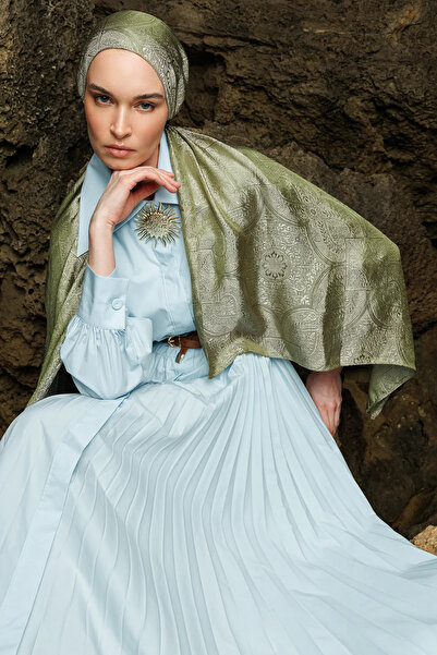 Mooncorn Vera Motif Shine Line Shawl Khaki-Salmon