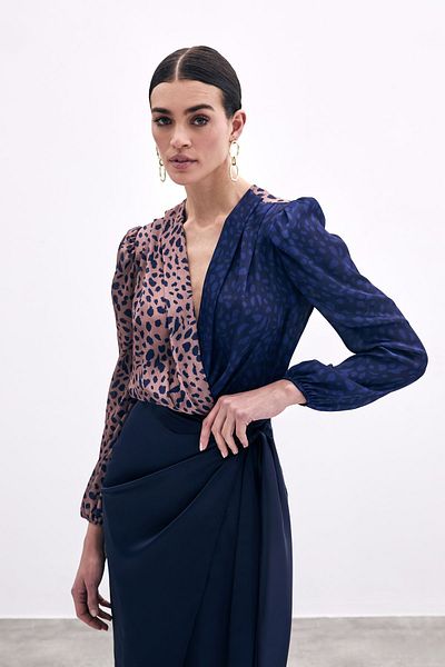 Sateen Double-Breasted Patterned Bodysuit - Camel-Navy Blue