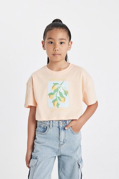 DeFacto Girl - Crop Crew Neck Printed T-Shirt D0869A824HS
