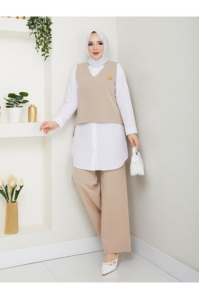 MODAMERSİ Women's Beige Brooch Sweater Shirt Pants Triple Set