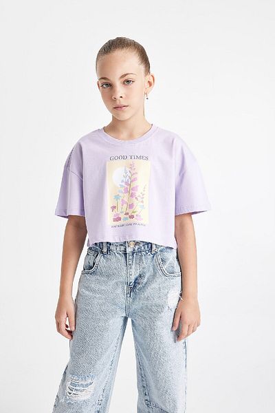 DeFacto Girl - Crop Crew Neck Printed T-Shirt D0869A824HS